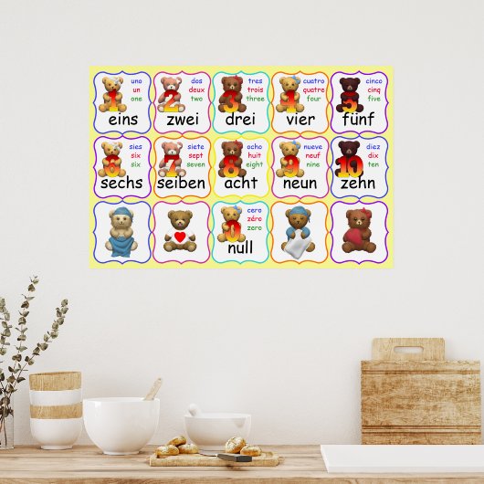 Bärenummern in Deutsch, Spanisch und Französisch Poster (Küche)