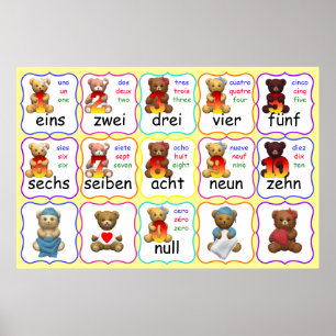Bärenummern in Deutsch, Spanisch und Französisch Poster