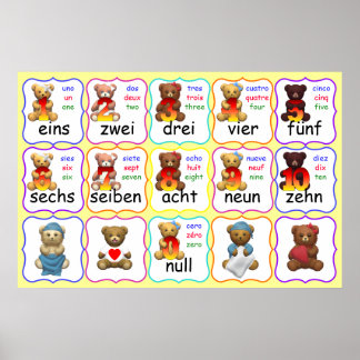 Bärenummern in Deutsch, Spanisch und Französisch Poster