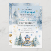 Bärenweihnachtsfest zum ersten Geburtstag Winter Einladung (Vorne/Hinten)