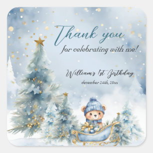 Bärenweihnachtsfest zum ersten Geburtstag Winter Quadratischer Aufkleber
