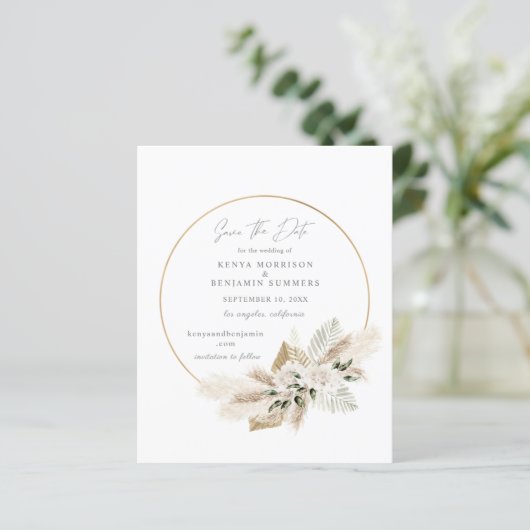 Bargin Foto & Boho Pampas Grass Save the Date (Stehend Vorderseite)