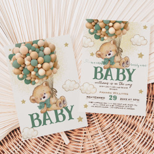 Bärgrüne Ballons Baby Shower Einladung