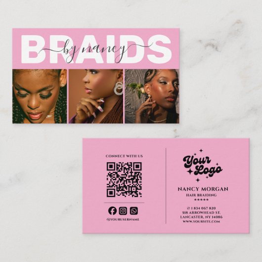Barids Typography Photo Qr Code Logo Pink Visitenkarte (Vorne/Hinten)