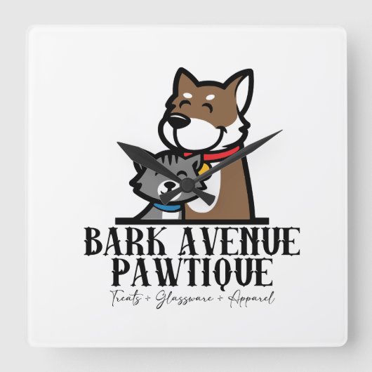 Bark Avenue Pawtique Quadratische Wanduhr (Vorderseite)