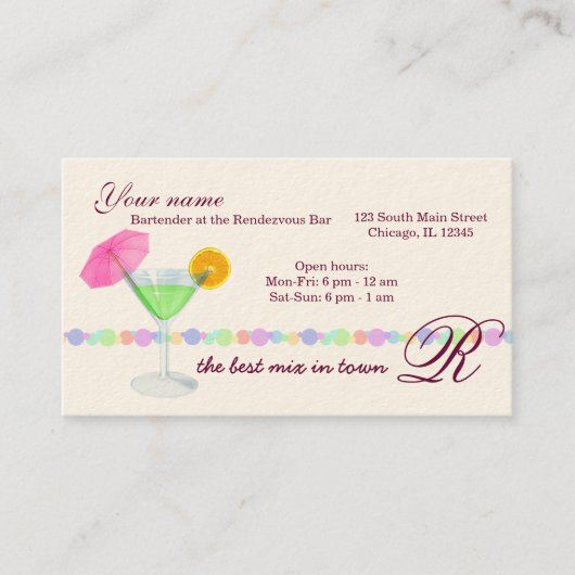 Barkeeper/Eigentümer Bar Visitenkarte (Vorderseite)