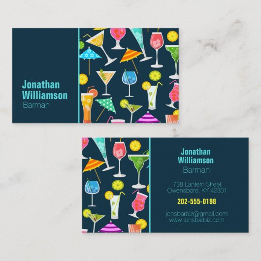 Barkeeper Farbiges Cocktailmuster Visitenkarte (Vorne/Hinten)