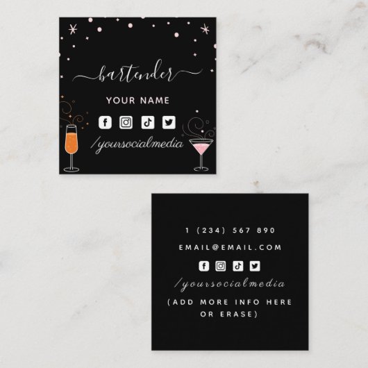 Barkeeper Glamour Cocktail Signature Calligraphy Quadratische Visitenkarte (Vorne/Hinten)