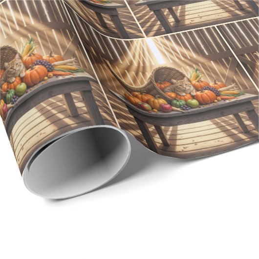 Barn Cat In a Thanksgiving Cornucopia Geschenkpapier (Rolleneckpunkt)