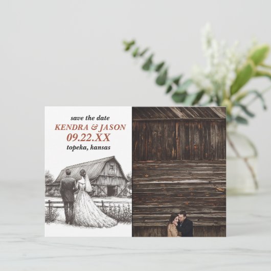 Barn Couple Save the Date Einladung (Stehend Vorderseite)