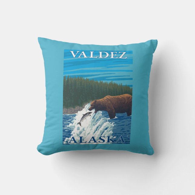 Bärn-Fischen im Fluss- Valdez, Alaska Kissen (Vorderseite)