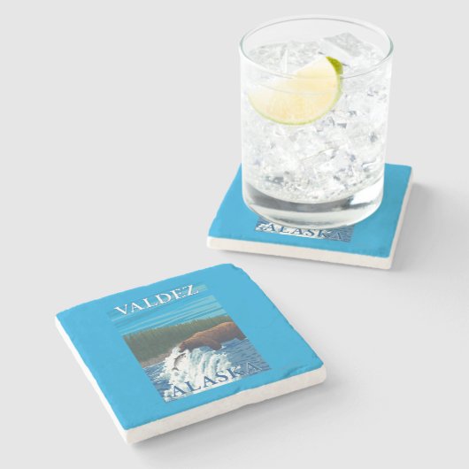 Bärn-Fischen im Fluss- Valdez, Alaska Steinuntersetzer (Seitenansicht)