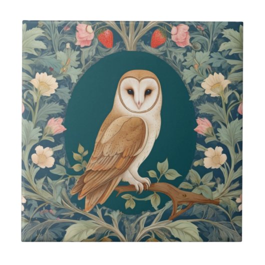 Barn Owl im Oval William Morris Stil Direkt gegenü Fliese (Vorderseite)