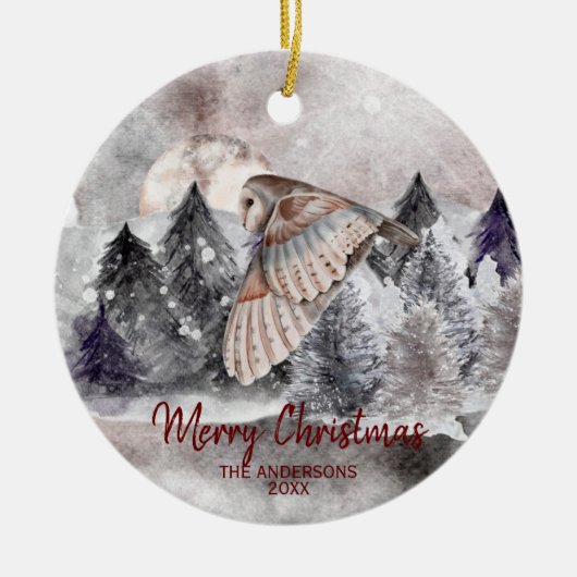 Barn Owl Moon Wasserfarbenwald Weihnachtsschmuck (Vorne)