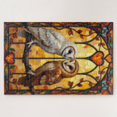 Barn Owls Heart-Faced Stained Glass Embrace Puzzle (Horizontal)