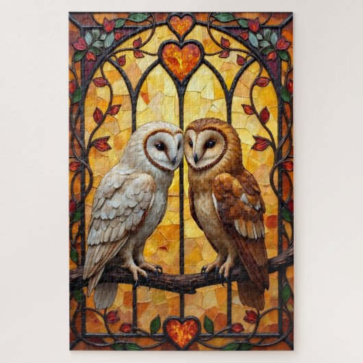 Barn Owls Heart-Faced Stained Glass Embrace Puzzle (Vertikal)