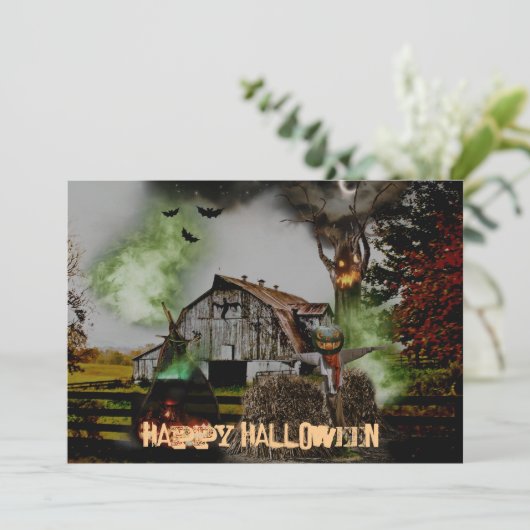 *~* Barn Pumpkins Spooky Ghost HALLOWEEN CARD (Stehend Vorderseite)