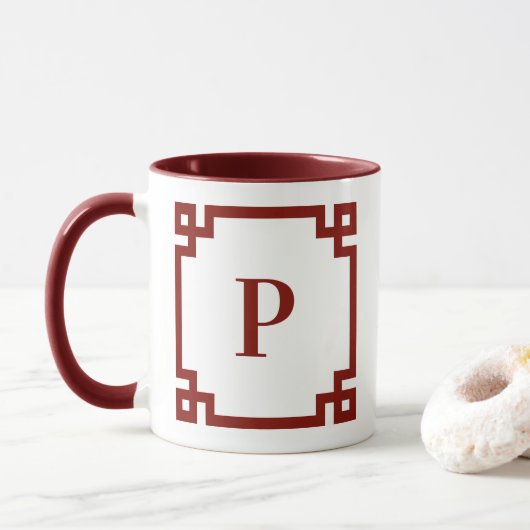 Barn Rot griechische Schlüsselgrenzenmonogramm Tasse (Mit Donut)