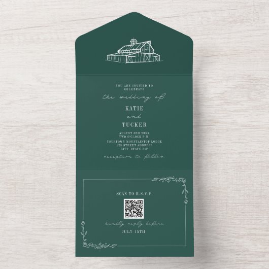 Barn Rustic Farm Wedding Emerald QR All In One Einladung (Innen Boden)
