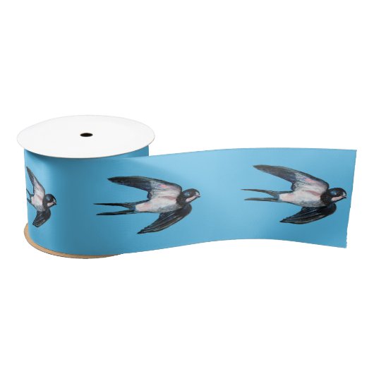 Barn Swallow Flying Illustration Sky Blue Satinband (Spule)