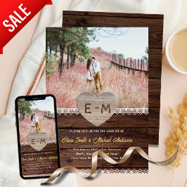Barn Wedding | Rustic Wood Lace Foto Herzstück Lie Einladung