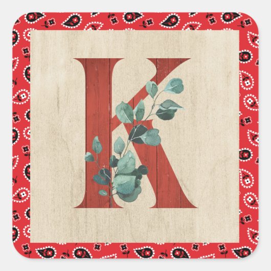 Barn Wood & Bandana Letter K Quadratischer Aufkleber (Vorderseite)