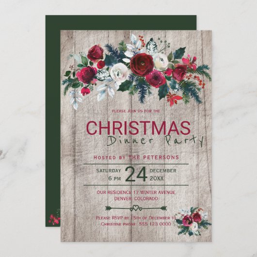 Barn Wood Burgundy Green Christmas Dinner Party Einladung (Vorne/Hinten)