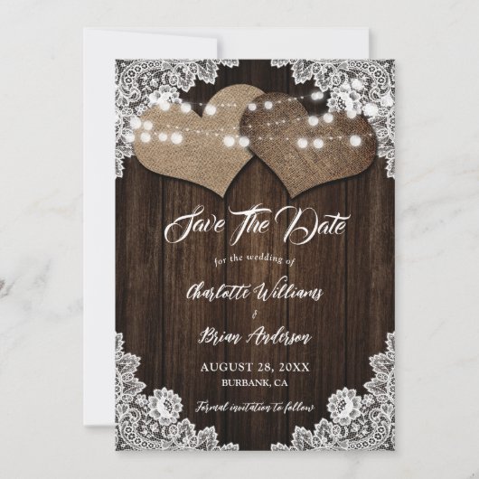 Barn Wood Burlap Heart Floral Lace Country Wedding Save The Date (Vorderseite)