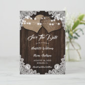 Barn Wood Burlap Heart Floral Lace Country Wedding Save The Date (Stehend Vorderseite)