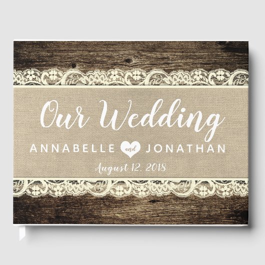 Barn Wood Burlap Lace Rustic Wedding Gästebuch (Vorderseite)