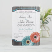 Barn Wood Daisy Coral und Aqua Einladung (Stehend Vorderseite)