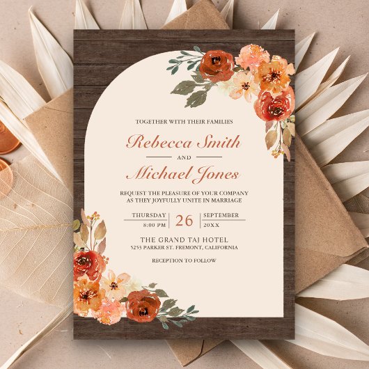 Barn Wood Earthy Burnt Orange Arch Wedding Einladung