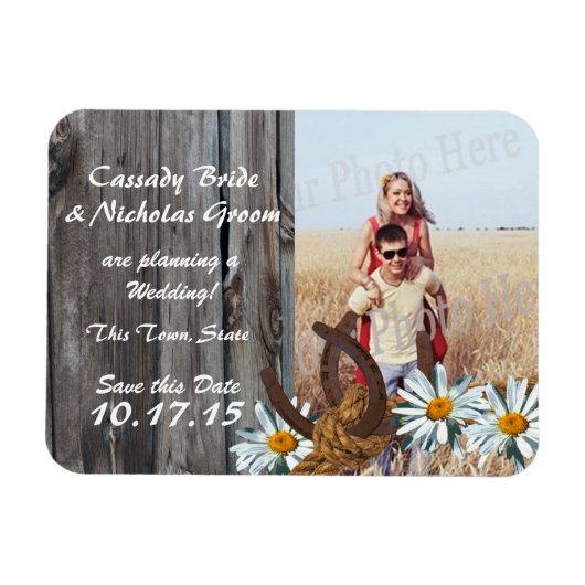 Barn Wood Horseshoes Daisies Save the Date Foto Magnet (Horizontal)