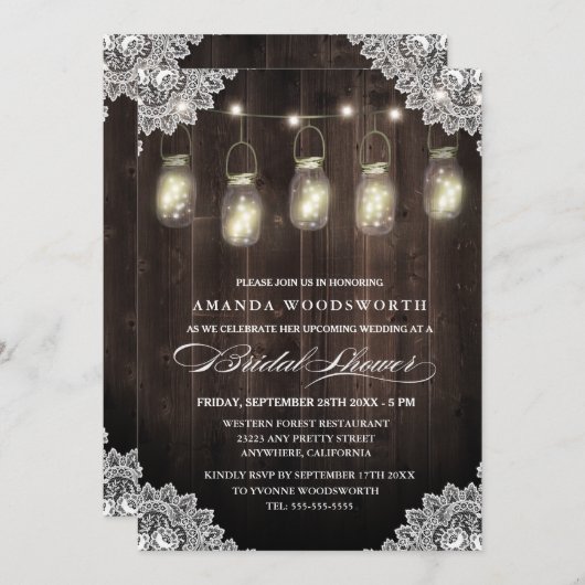 Barn Wood Lace Mason Jar Bridal Einladungen (Vorne/Hinten)