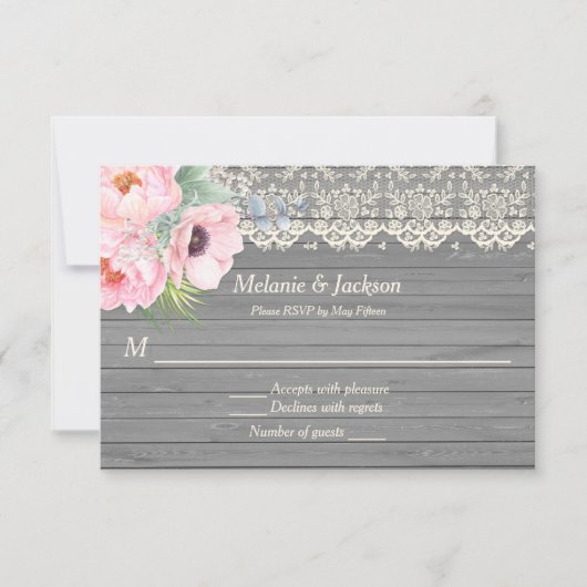 Barn Wood Lace Peonies Anemones Post Wedding RSVP Einladung (Vorderseite)