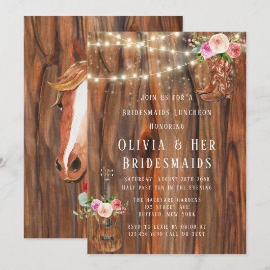Barn Wood Lights Boots Bridesmaids Luncheon Einladung (Vorne/Hinten)
