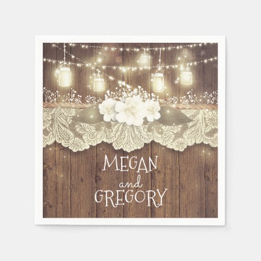Barn Wood Lights Mason Jar Rustikale Hochzeit Serviette (Vorderseite)
