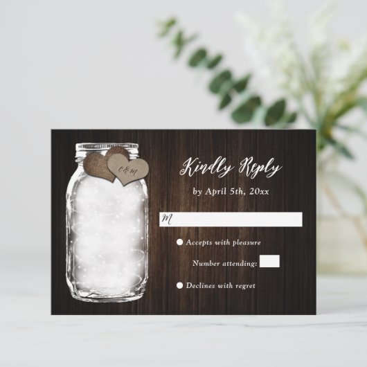 Barn Wood Mason Jar Lights Wedding RSVP Card (Stehend Vorderseite)