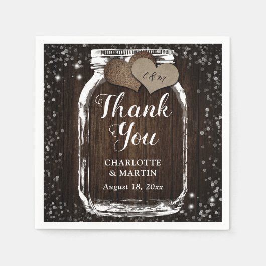 Barn Wood Mason Jar Two Hearts Danke Hochzeit Serviette (Vorderseite)