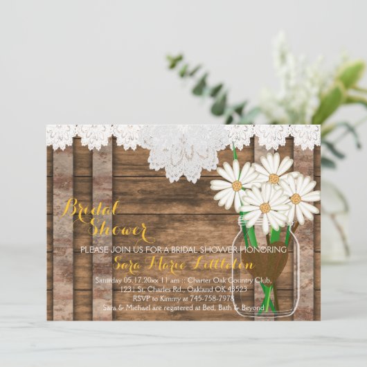 Barn Wood Mason Jar - White Daisies Brautparty Einladung (Stehend Vorderseite)