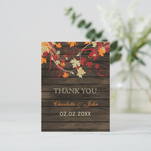 Barn Wood Rustic Herbstlaubs Hochzeit Vielen Dank Postkarte (Stehend Vorderseite)