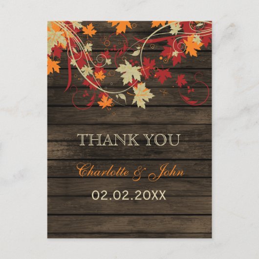 Barn Wood Rustic Herbstlaubs Hochzeit Vielen Dank Postkarte (Vorderseite)