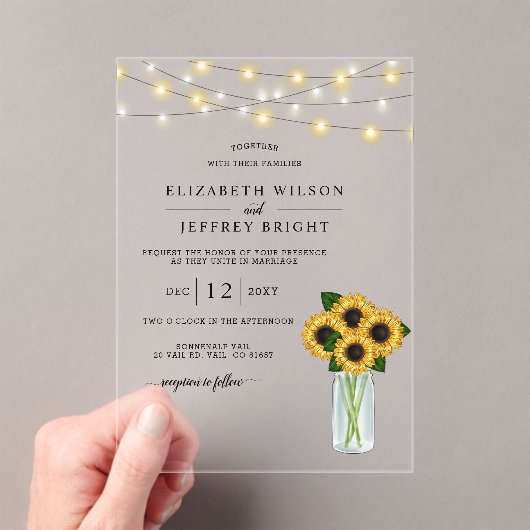 Barn Wood String Lights Sonnenblumen Hochzeit Acryleinladungen (Insitu (Handheld))
