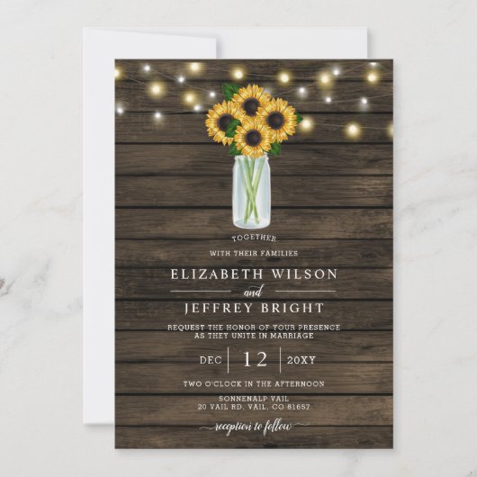 Barn Wood String Lights Sonnenblumen Hochzeit Einladung (Vorderseite)