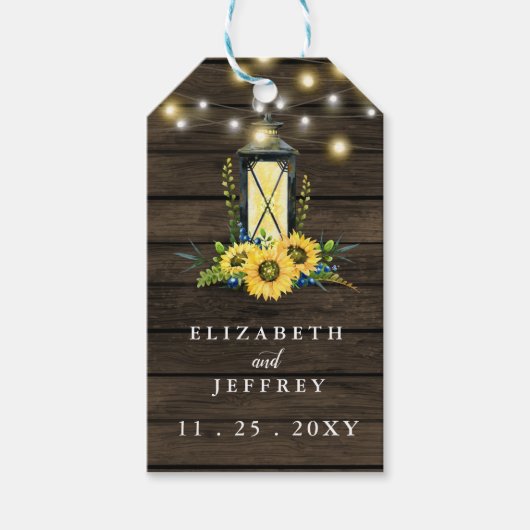 Barn Wood String Lights Sonnenblumen Hochzeit Geschenkanhänger (Vorderseite)