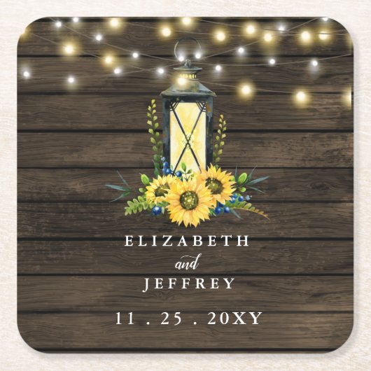 Barn Wood String Lights Sonnenblumen Hochzeit Rechteckiger Pappuntersetzer (Vorderseite)