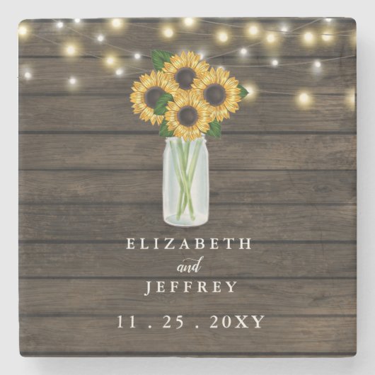 Barn Wood String Lights Sonnenblumen Hochzeitsplat Steinuntersetzer (Vorderseite)