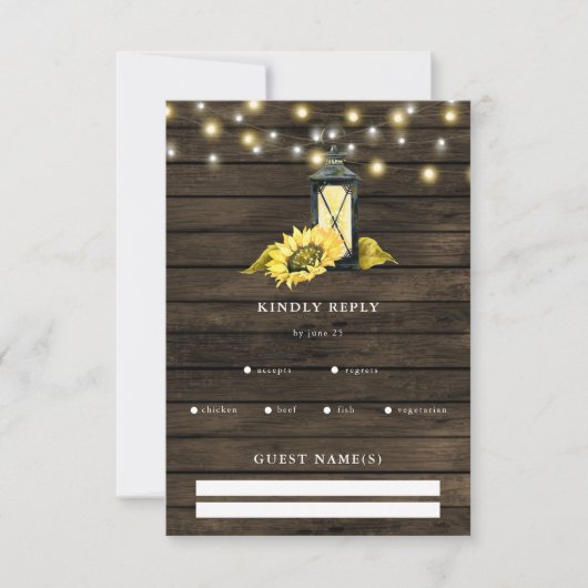 Barn Wood String Lights Sonnenblumen LaternenWeddi RSVP Karte (Vorderseite)