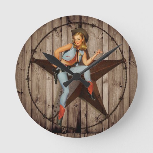 Barn Wood Texas Star Western Country Cowgirl Runde Wanduhr (Vorderseite)
