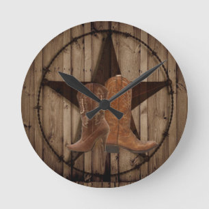 Barn Wood Texas Star Western Cowboy Stiefel Runde Wanduhr